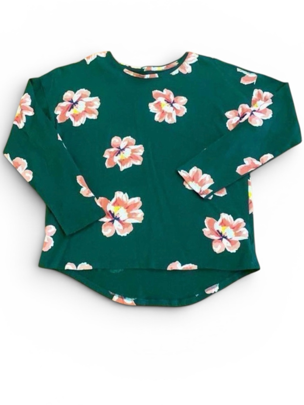 Old Navy Softest Tee Girls XL 14 Green Pink Floral Long Sleeve High Low Hem